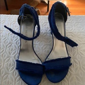 Stuart Weitzman velvet blue frayed sandals